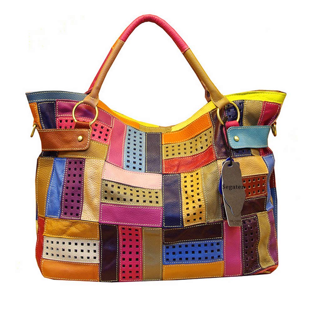 Segater® Women’s Genuine Leather Tote Multicolour Patchwork Hollow Shoulder Bag Cowhide Stitching Colorful Large Handbag Purses Multicoloured