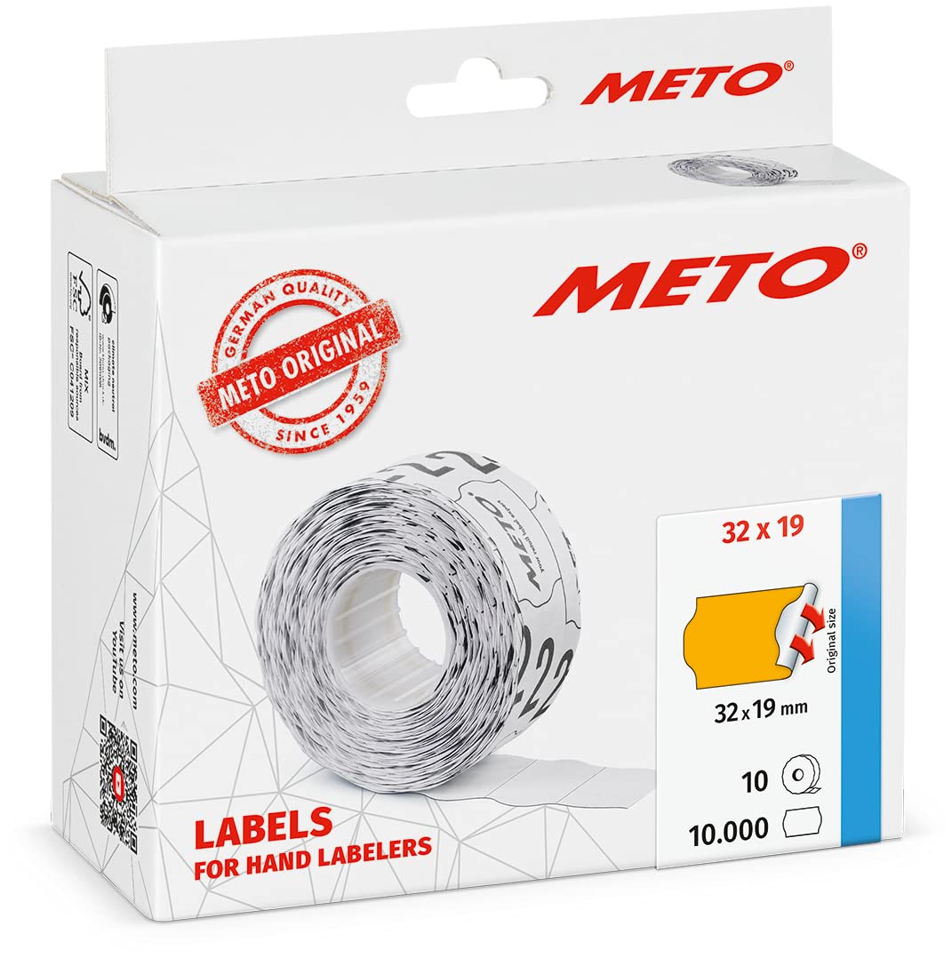 Meto Price Gun Labels (32×19 mm, Two-line, 10,000 Labels, Fluorescent Orange, Permanently Adhesive, for METO, Contact, Sato, Avery, Tovel, Samark etc.)