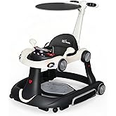Baby Walker with Wheels, 7-in-1 Foldable Baby Walkers for Boys Girls 6-12 Months with Feeding Tray & Music, Lights,Rocker,Sun Canopy, Bouncing Pedal, Adjustable Wheel Speed, Push Walker (Black)