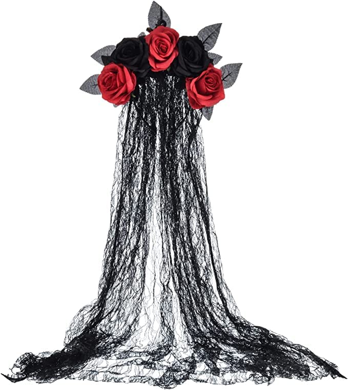 Merroyal women day of the dead headpiece Halloween accessory Photo props. (Black Flower and Red +Veil) — image 1
