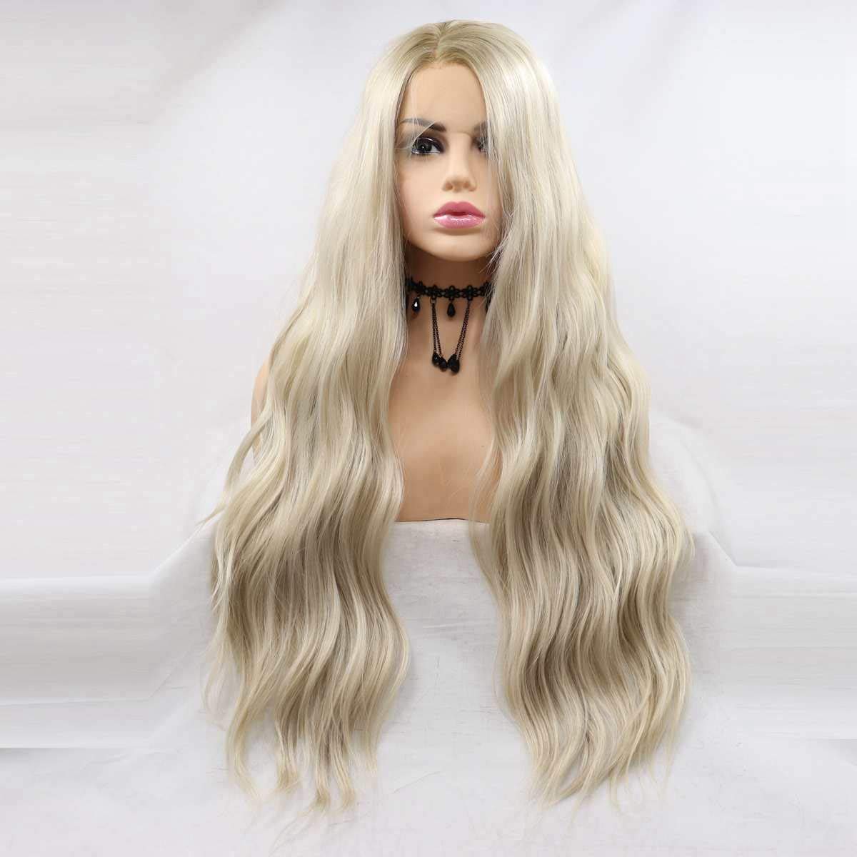 Xiweiya Long Blonde Wavy Wig with Brown Root Synthetic Lace Front Wig - Side Part, Soft Wavy Hair Replacement for Women & Drag Queen - 24 inch