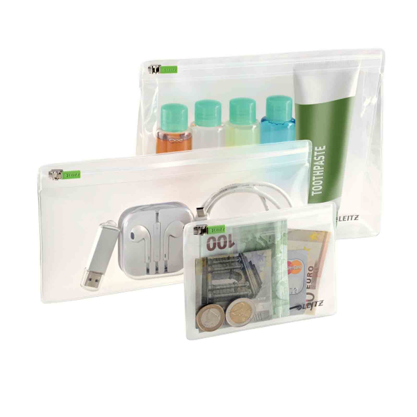 Leitz Small, Medium and Large Traveller Zip Pouch Set Complete Range, Plastic, Clear