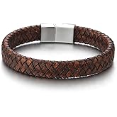 COOLSTEELANDBEYOND Men's Brown Braided Leather Bracelet With Stainless Steel Clasp, Round Woven Wristband, Minimalist Everyday Jewelry Gift