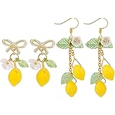 2 Pairs Lemon Dangle Earrings, Cute Summer Lemon Earrings Accessories for Women Dainty Yellow Fruit Lemons Bow Drop Earring for Birthday Party Role Play Gifts