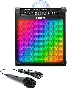 Ion Audio Party Rocker Max | Wireless Rechargeable Speaker with Multi-Effect Party Lights and Microphone with 10 Ft. Cord
