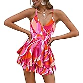 Fixmatti Women Spaghetti Strap Romper V Neck Backless Ruffle Chiffon Shorts Jumpsuit Playsuit