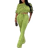 Unybwonn Women's 2 Piece Outfits One Shoulder Short Sleeve Crop Top Stretch High Waisted Bell Bottom Flare Pants Sets