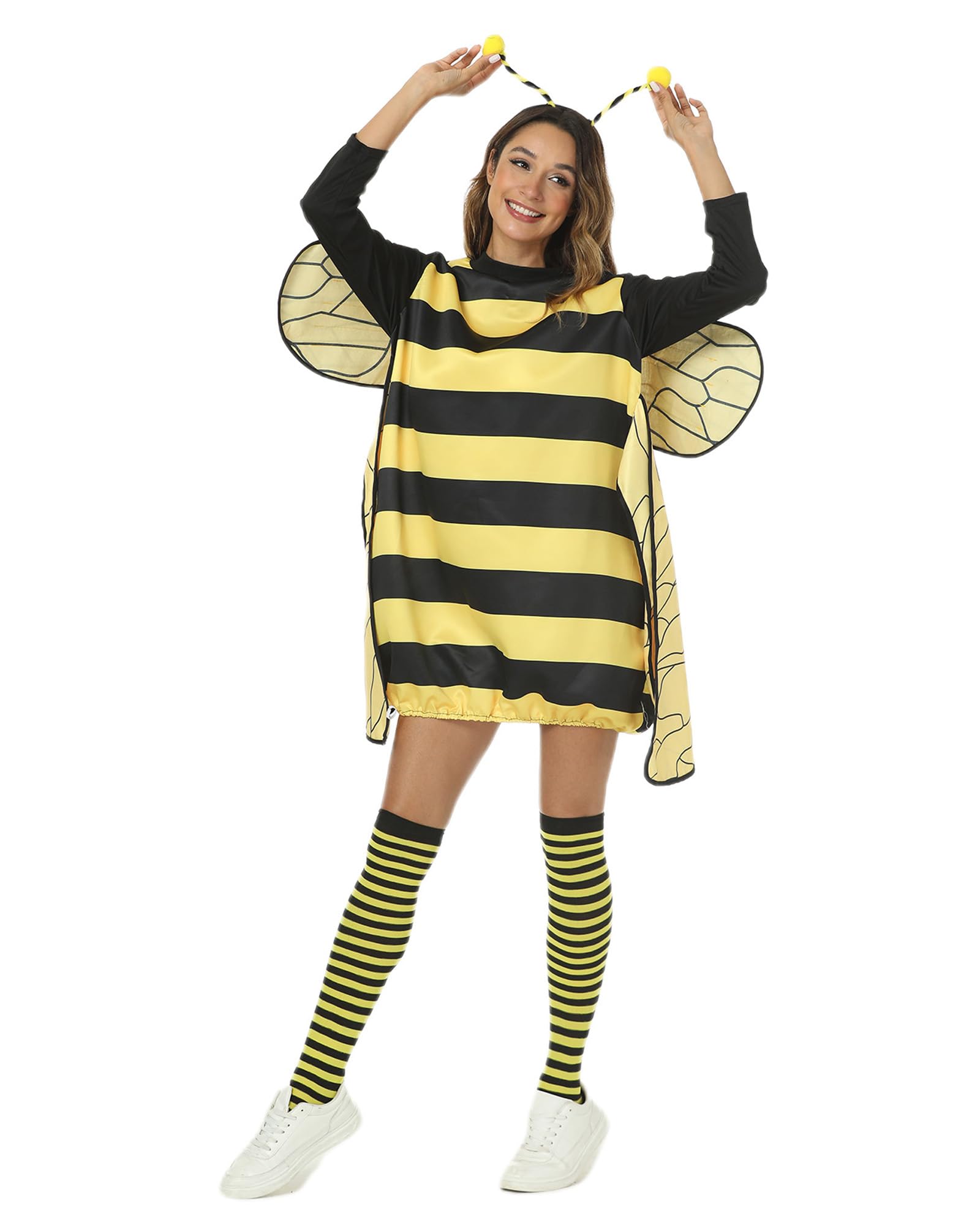 SANSIWU Women Bee Cosplay Costume Set Bee Dress with Wings Headband Leg Sleeves for Role-playing Accessories Halloween Themed Party Costumes (Yellow B, L) — image 1