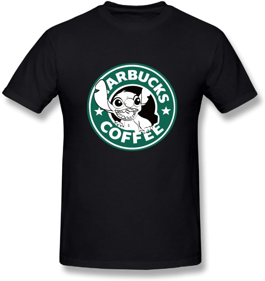 IKnow Mens Starbucks Stitch Coffee Crew Neck T Shirts Black