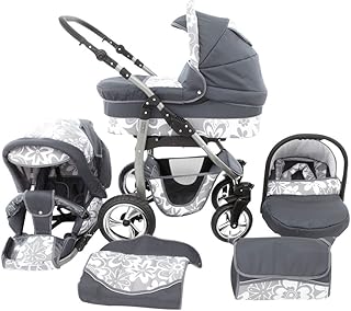 Chilly Kids Dino 3 in 1 Kinderwagen Set (Autosit &amp; Adapter, Regenschutz, Moskitonetz, Schwenkräder) 40 Graphit &amp; Graphit Blumen