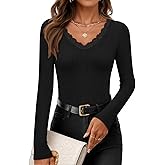 ZESICA Women's Long Sleeve Lace V Neck Fall Shirts Slim Fit Going Out Tops Ribbed Knit Dressy Business Casual Blouses