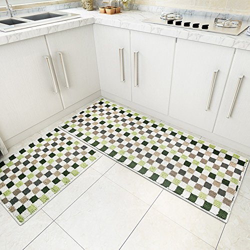 Wolala Homeâ„¢2 Piece Sets Rubber Backing Non-slip Kitchen Rug and Carpet Small Lattice Design Washable Bathroom Area Rugs Thin(1'5x2'0+1'5x4'0, Green)