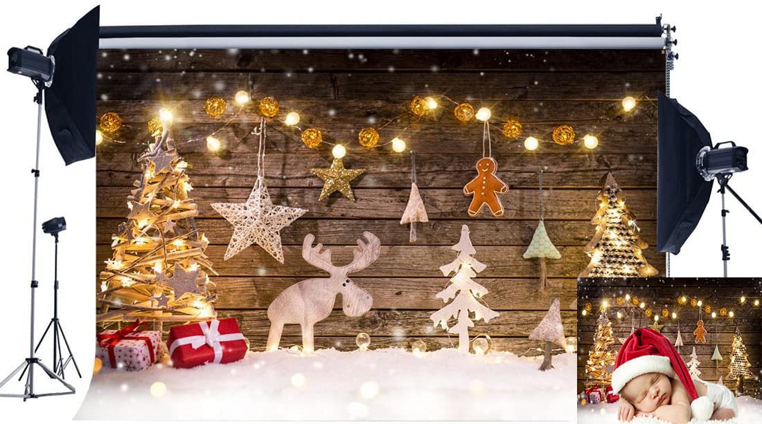 Haosphoto 5X3FT Christmas Backdrop Xmas Decoration Tree Reindeer Bokeh Lights Backdrops for Photography Wood Floor Happy New Year Vinyl Photo Background Kids Holiday Studio Props CA453
