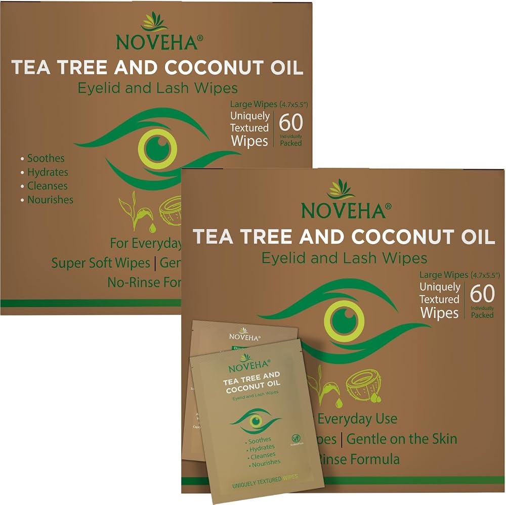 NOVEHA Tea Tree & Coconut Oil Eyelid & Lash Wipes 2 Boxes 60 Each