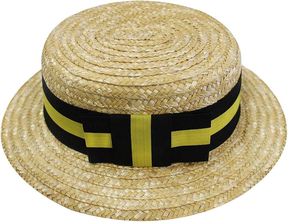 Quality Unisex Edwardian Straw Boater Hat Yellow Black Ribbon Wide Brim