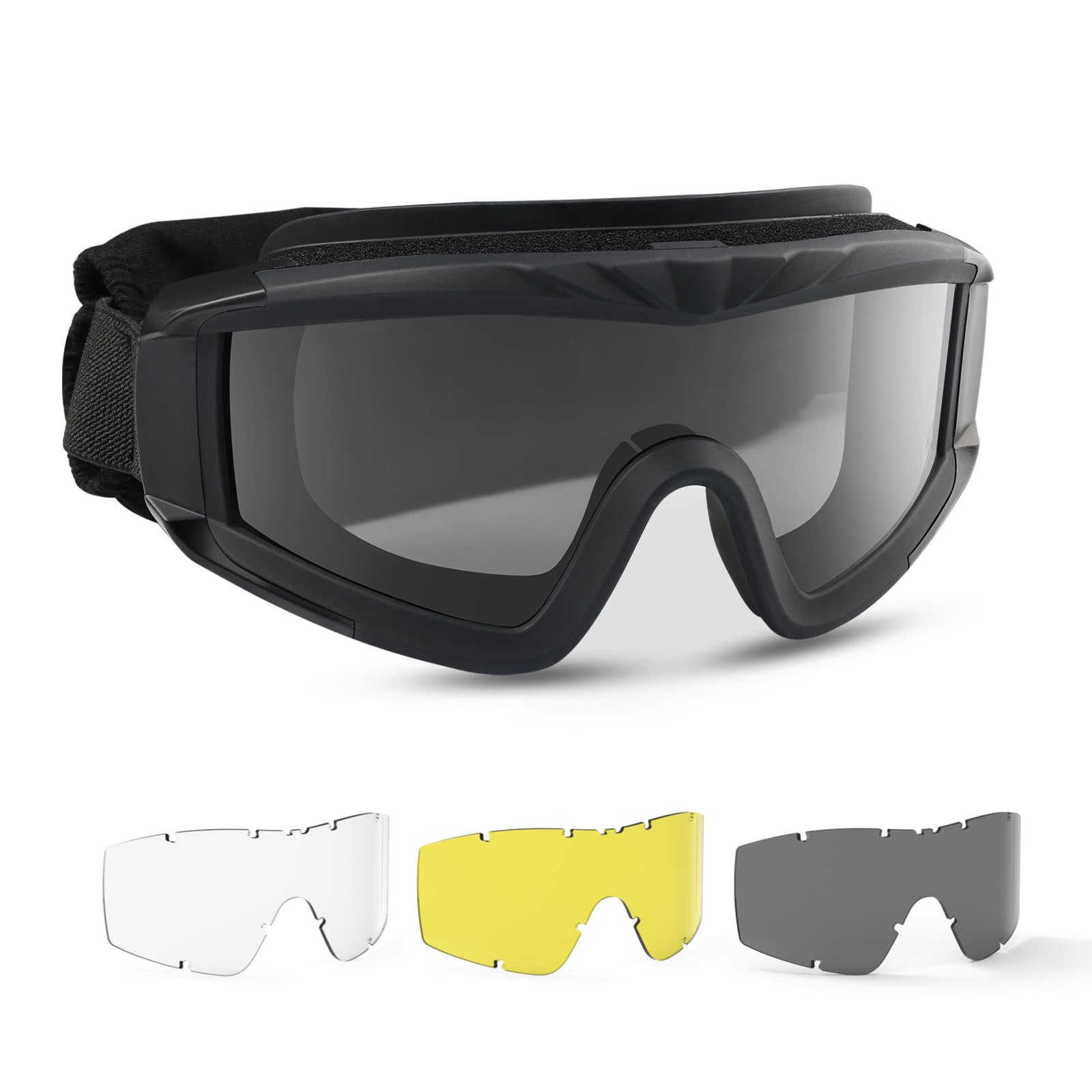Feyachi Airsoft Goggles Tactical Military Goggles with 3 Interchangeable Lens, UV400 Protection Shooting Glasses for Men Women Anti Fog Paintball Glasses, Outdoor Shooting Hunting Cycling - Black