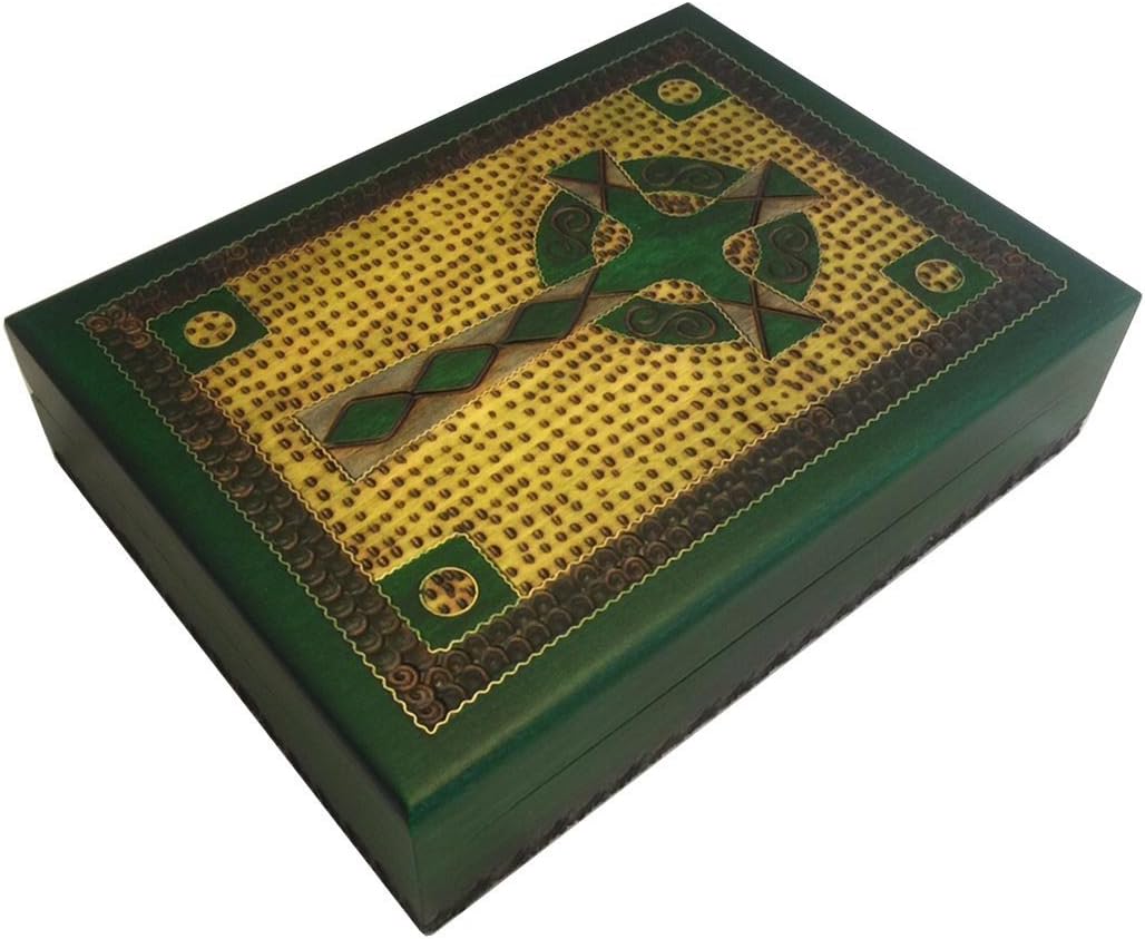 Celtic Cross Box Irish Green Wooden Keepsake Handcrafted Polish Wood Decorative Box w/Brass Inlay