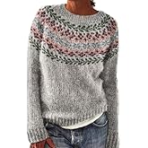 Women's Fair Isle Knit Pullover Sweater Oversized Casual Loose Crewneck Vintage Striped Long Sleeve Jumper Tops