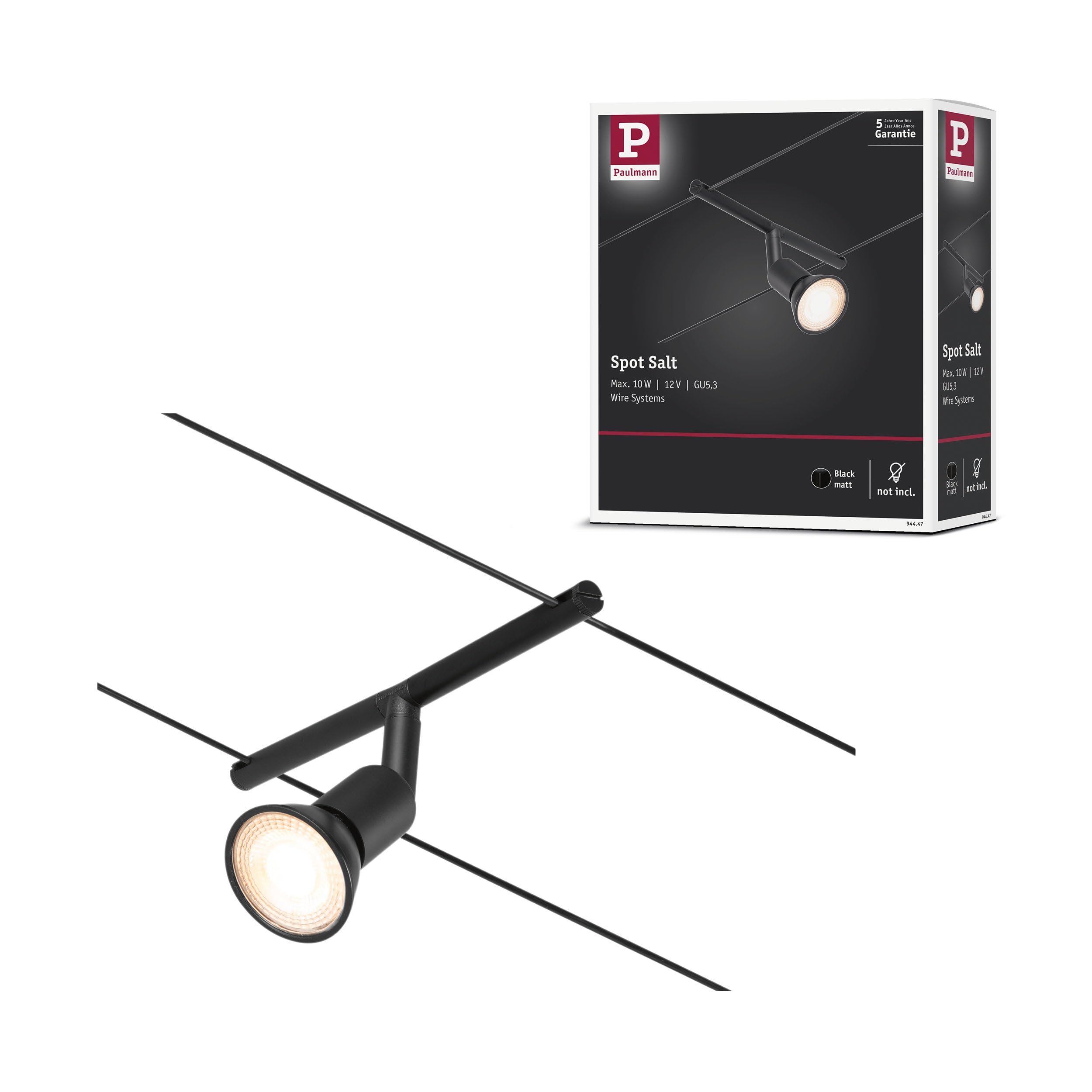 Paulmann 94447 CorDuo Spot Lighting Salt DC, Max 10 Watt Extendable Cable Lamp Matt Black Plastic GU5.3 Wire System Without Bulbs
