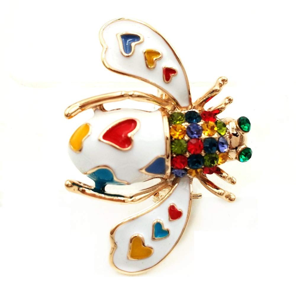 DREAMLANDSALES Super Cute Colored Heart Shaped Spotted White Bee Brooch Enamel Pin (White Bee)