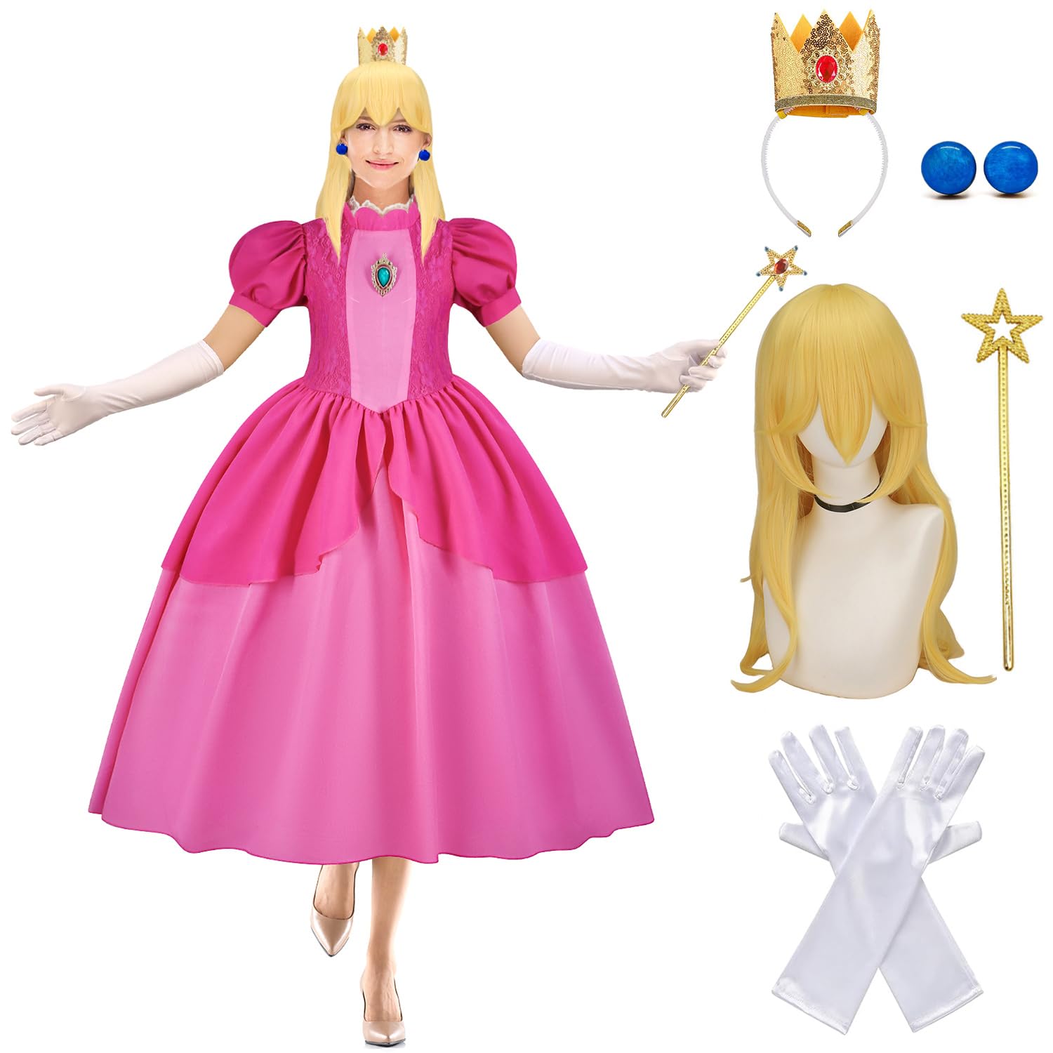 Photo 1 of CAKKA Princess Costume Adult, Halloween Women Princess Dress Wig Crown Earrings Wand Gloves Accessories Cosplay Set, Halloween Costume Dress Up Outfit for Women ?XXL?