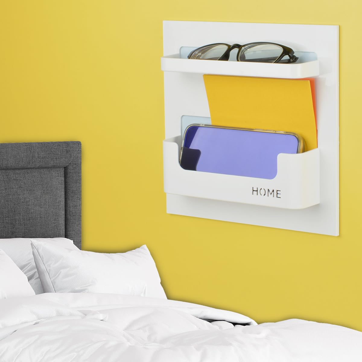 OKOMATCH Bedside Shelf - Stick On Wall Mounted Bed Room,Dorm,Office Adhesive Floating Caddy Organizer/Holder for Phone,Glasses,Remote Control,Keys,Pens - Plastic Material- White(Type A