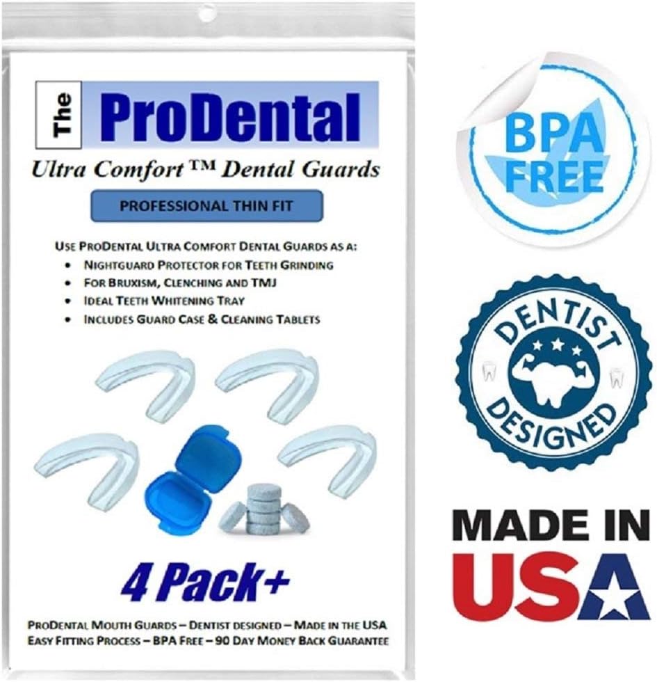 Mouth Guard for Grinding Teeth - 4 Pack | Thin and Trim Anti Grinding - Teeth Whitening Dental Guard | Stops Bruxism & Clenching | USA Made - No BPA, Includes Mouth Guard Case & Cleaning Tablets: Health & Personal Care