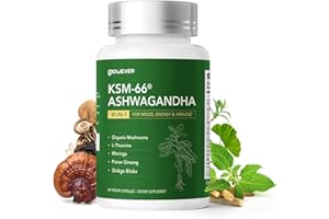 GlowEver KSM-66 Ashwagandha Supplements with L-Theanine Moringa Organic Mushrooms Complex Ginseng Ginkgo Biloba - Mood & Energy Support, Cortisol Manager, Immune Support, 60 Vegan Capsules