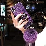 Tianyuanxuan iPhone 7 Plus Case,iPhone 8 Plus Case,Fashion Blu-ray Leopard Diamond Holder Cover with Rabbit Fur Hairball Phone Case for iPhone 7plus/8plus 5.5-inch