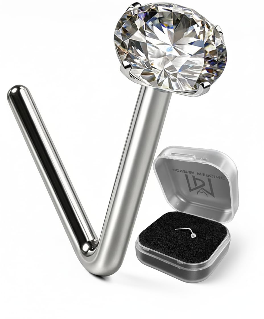 AZARIO LONDON 9K White Gold Nose Stud Prong Set 2.5MM Round CZ Stone 22 Gauge L Bend Nose Stud Piercing