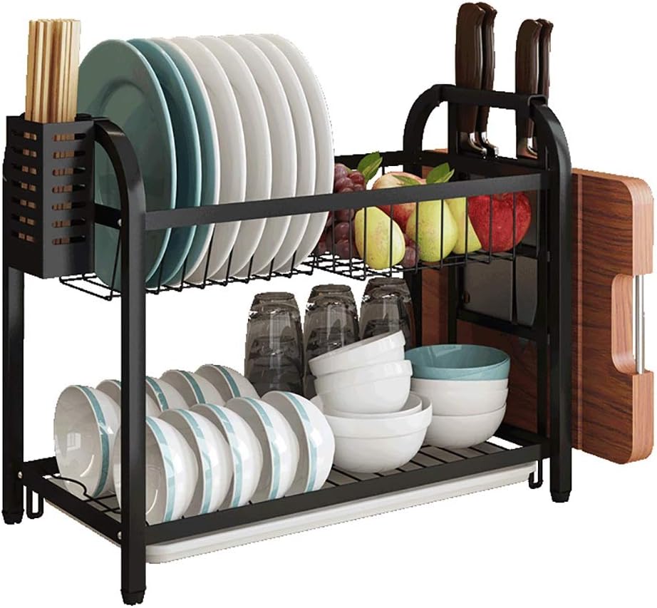CHUFANG Kitchen Tableware Organizer 2-tier Carbon Steel Dishes Drying Rack Knife Chopsticks Chopping Board Black Storage Rack With 3 Hooks