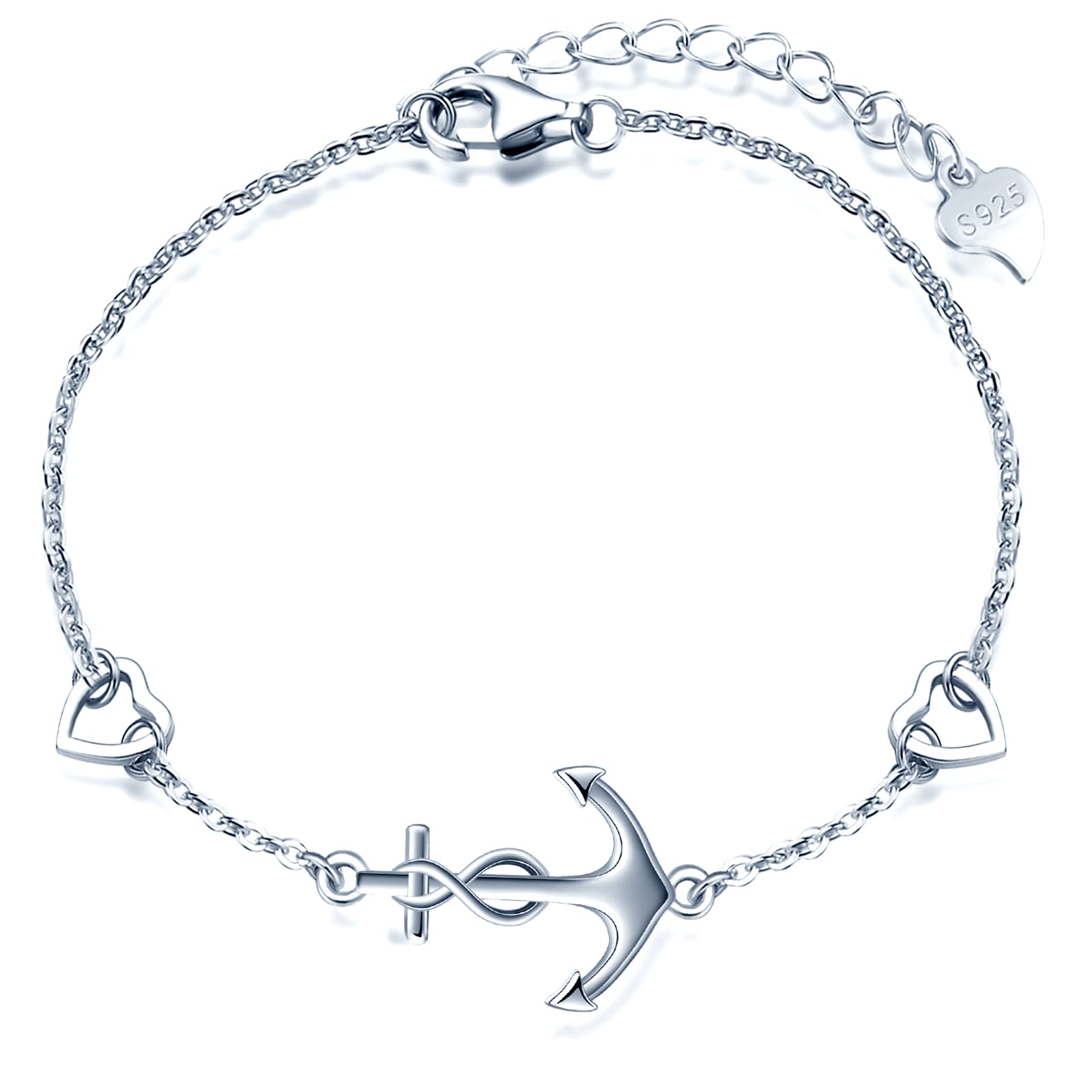 MicLee Bracelet elegant for womens and girls, 925 sterling silver bracelets, Classic Anchor bracelet, link with heart, symbol of courage, protection and strength, adjustable chain, silver