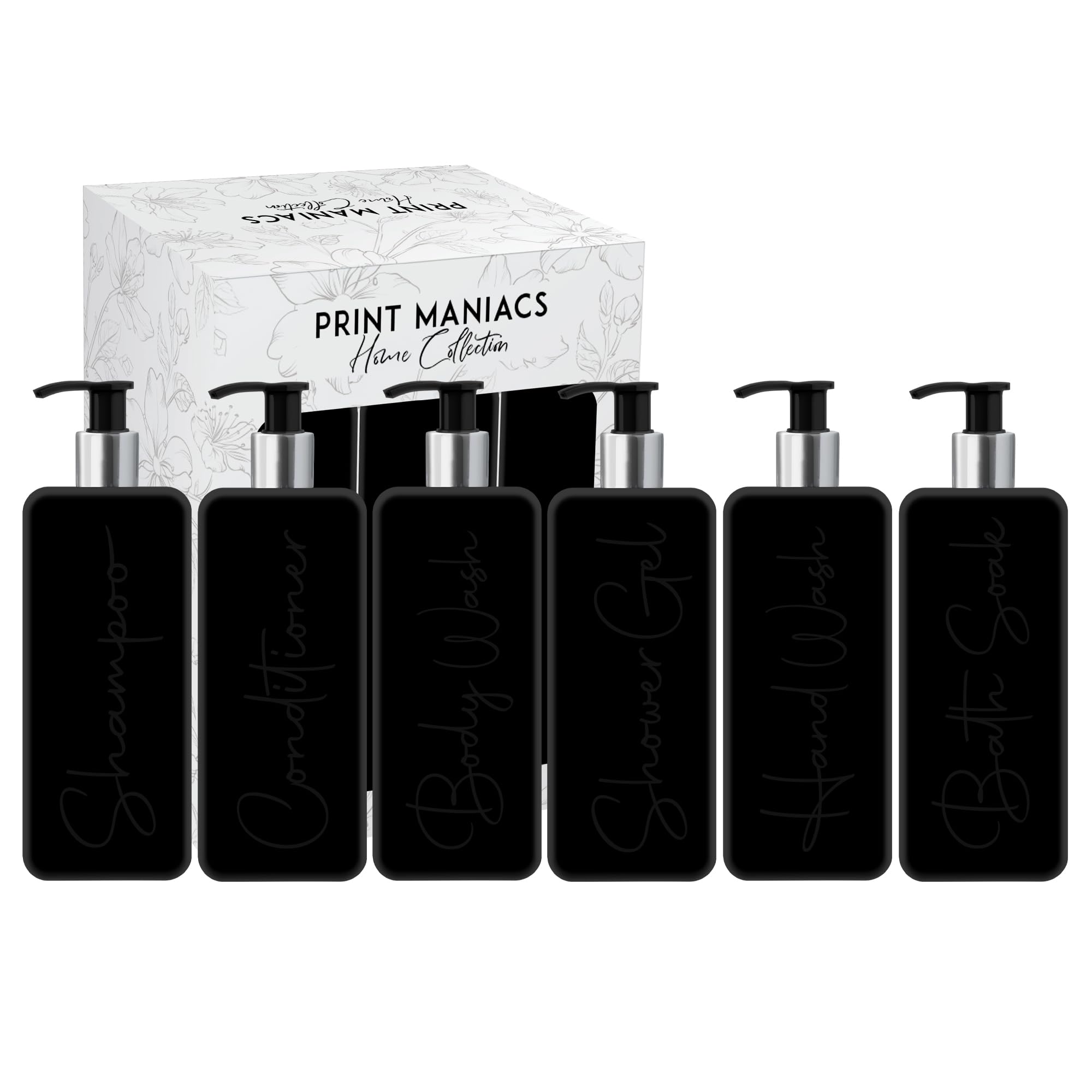 Print ManiacsMrs Hinch Inspired Signature Black 500ml Square Reusable Dispenser Bottle Silver Pump Personalised Bathroom Set F2 (Black, Shamp, Con, Body Wash, Bath Soak, Shower Gel, Hand Wash)