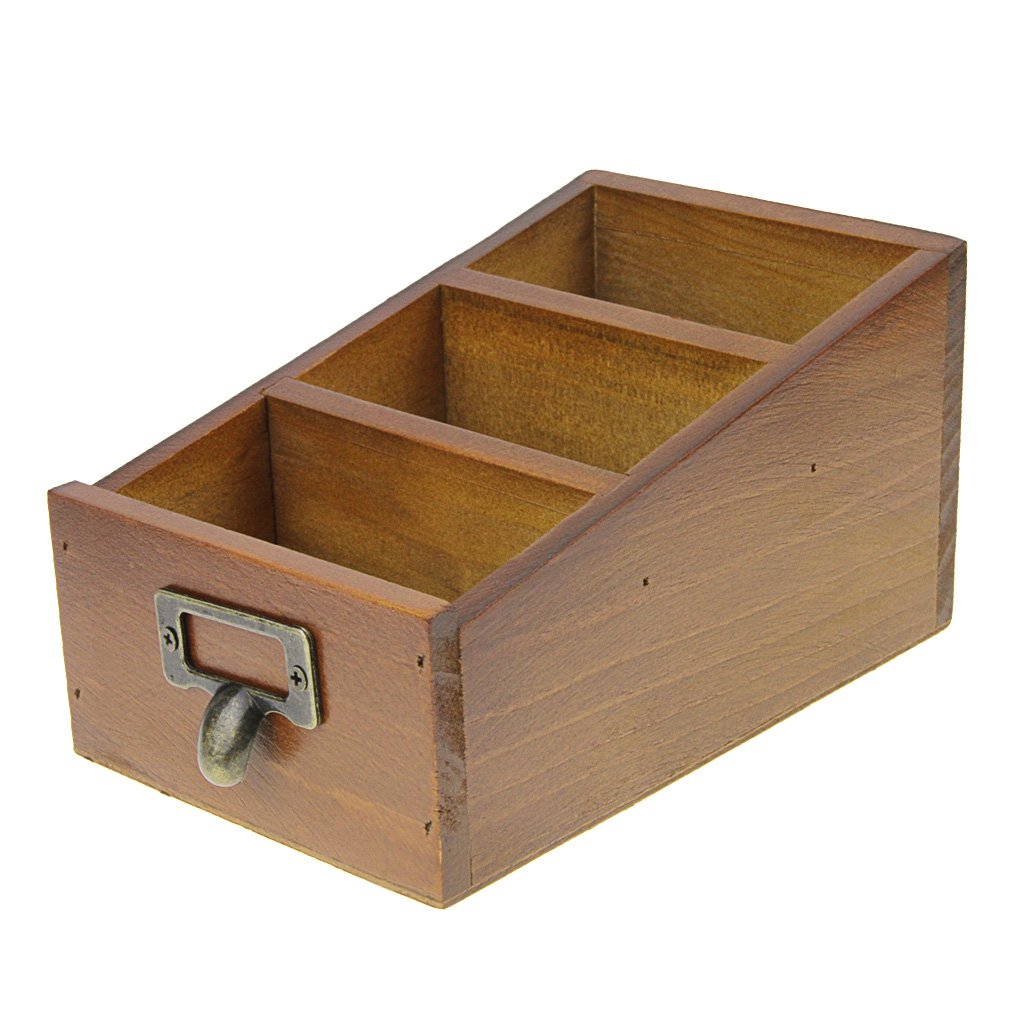 YJZQ Office Home Stationery Retro Desktop Wood Pen Pencil Holder Cellphone Holder Tabletop Remote Control Organizer Box Cosmetic Brushes Container Desktidy with 3 Compartment Drawer Shape