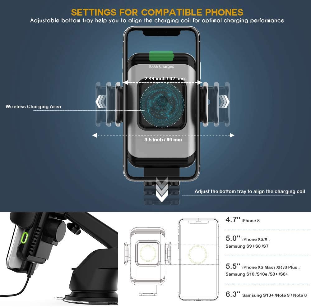 ZeeHoo Wireless Car Charger,10W Qi Fast Charging Auto-Clamping Car Mount,Windshield Dash Air Vent Phone Holder Compatible iPhone 11/11 Pro Max/Xs MAX/XS/X/8/,Samsung S10/S9/S8 (Dark Silver): Electronics