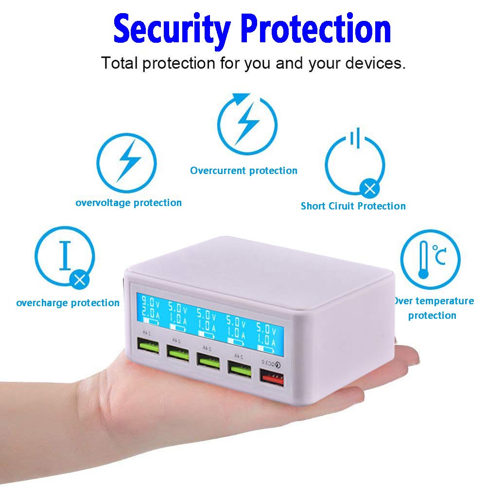 Multi USB Charger,50W 5 Port USB Fast Charger with QC 3.0 Quick Charge LCD Smart Charging Station Hub for Smartphone,Tablet,Power Bank and Multiple Devices (White)