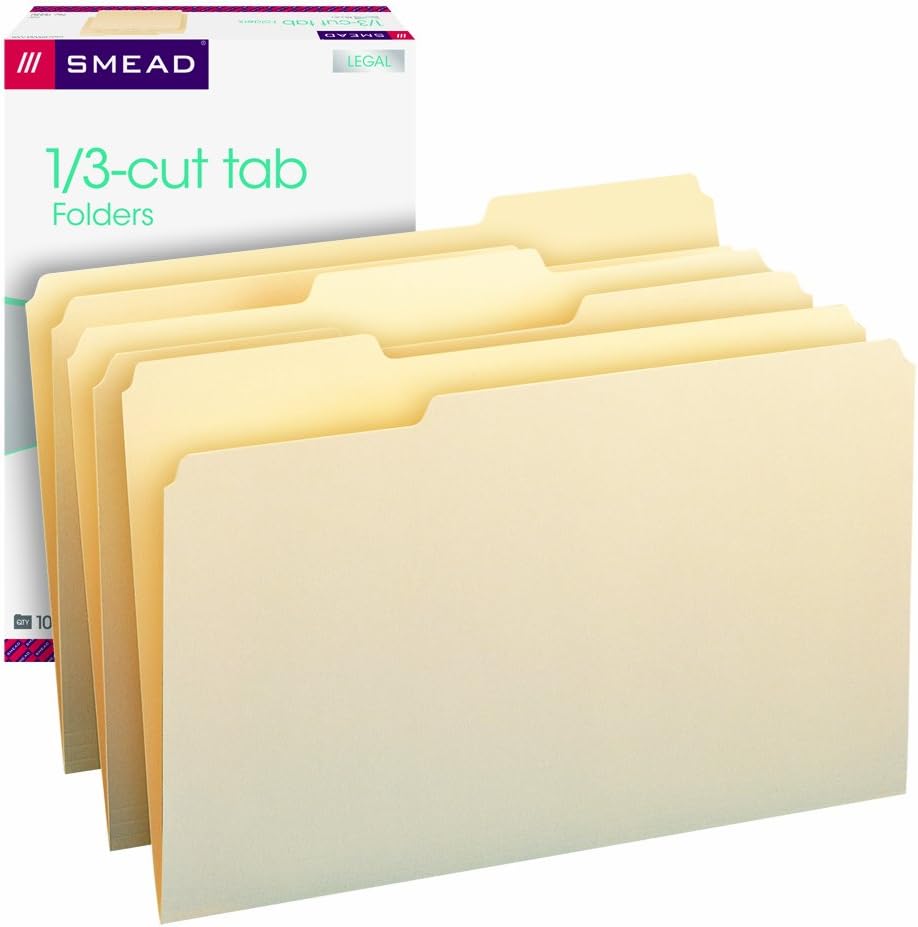 Smead File Folder, 1/3-Cut Tab, Legal Size, Manila, 100 Per Box (15330) : Manila File Folders : Office Products