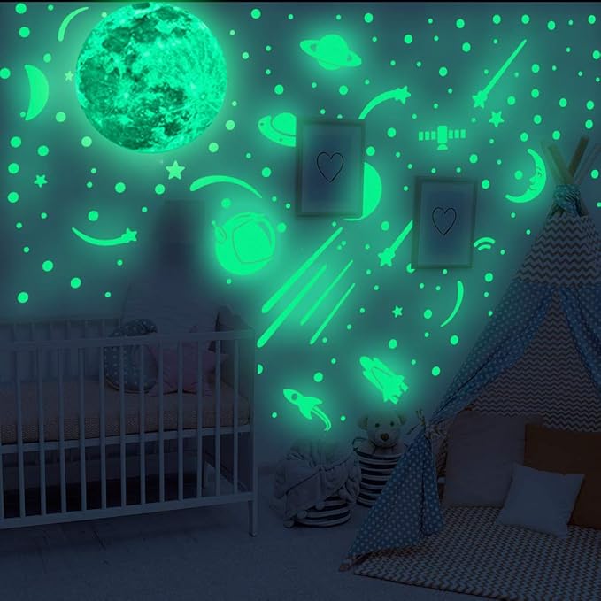 Glow in The Dark Wall Decals, Glowing Spacecraft Rocket Stars Stickers