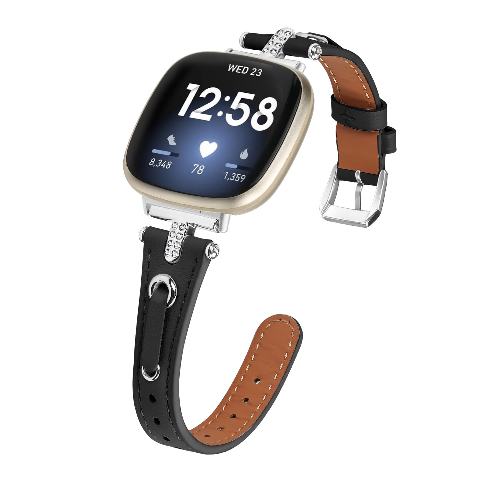 Leather Straps Compatible with Fitbit Versa 4/Versa 3 Strap for Women, Genuine Leather Wristband Metal Bling Rhinestone Replacement Watch Band Strap Bracelet for Sense 2/Sense (Black/Silver)