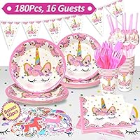 Unicorn Party Supplies and Decorations Set 180 Piece for Birthday Party Supplies,-Serves 16 guests- Unicorn Themed Party Favors for Kids Girls Boys with Unicorn Table cloth/Unicorn Banner/Unicorn Stickers/Plates/Cups/Napkins/Tableware