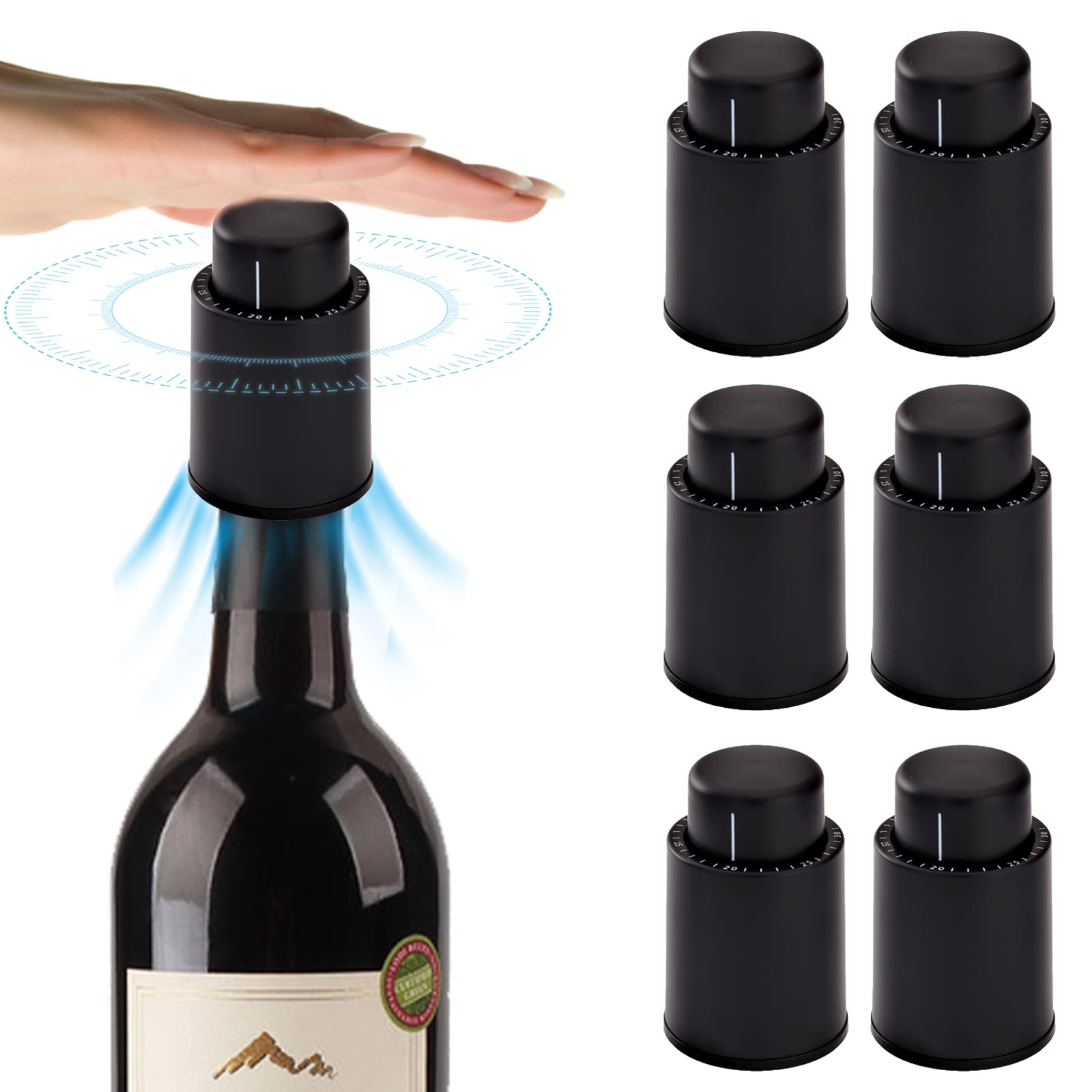 Loboo Idea Wine Pump Vacuum Stoppers, Wine Savers Vacuum Pump Stoppers for Glass Bottles (6pcs/Box, Black)