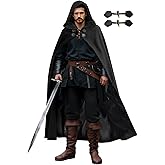 Pikpops Velvet Renaissance Hooded Cloak with Lining & Horn Button, Medieval Viking Cape Robe for Men Women Halloween Costume