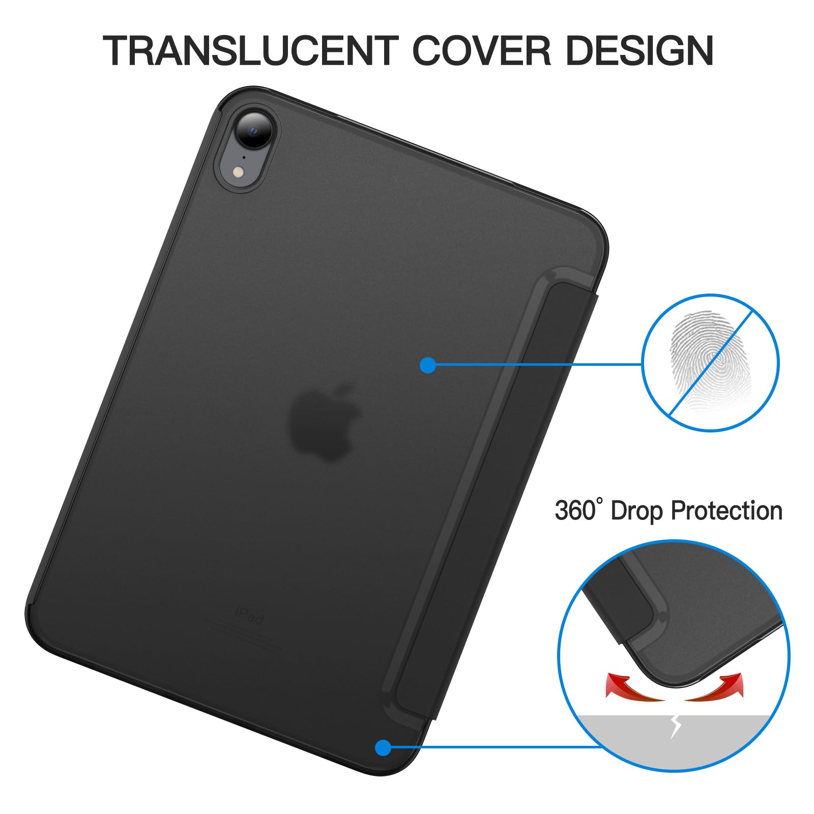JETech Case for iPad mini (A17 Pro, 2024 Model, 7th Generation) / mini 6 (2021 Model, 6th Generation), Slim Stand Hard Back Shell Smart Cover with Auto Wake/Sleep (Black)