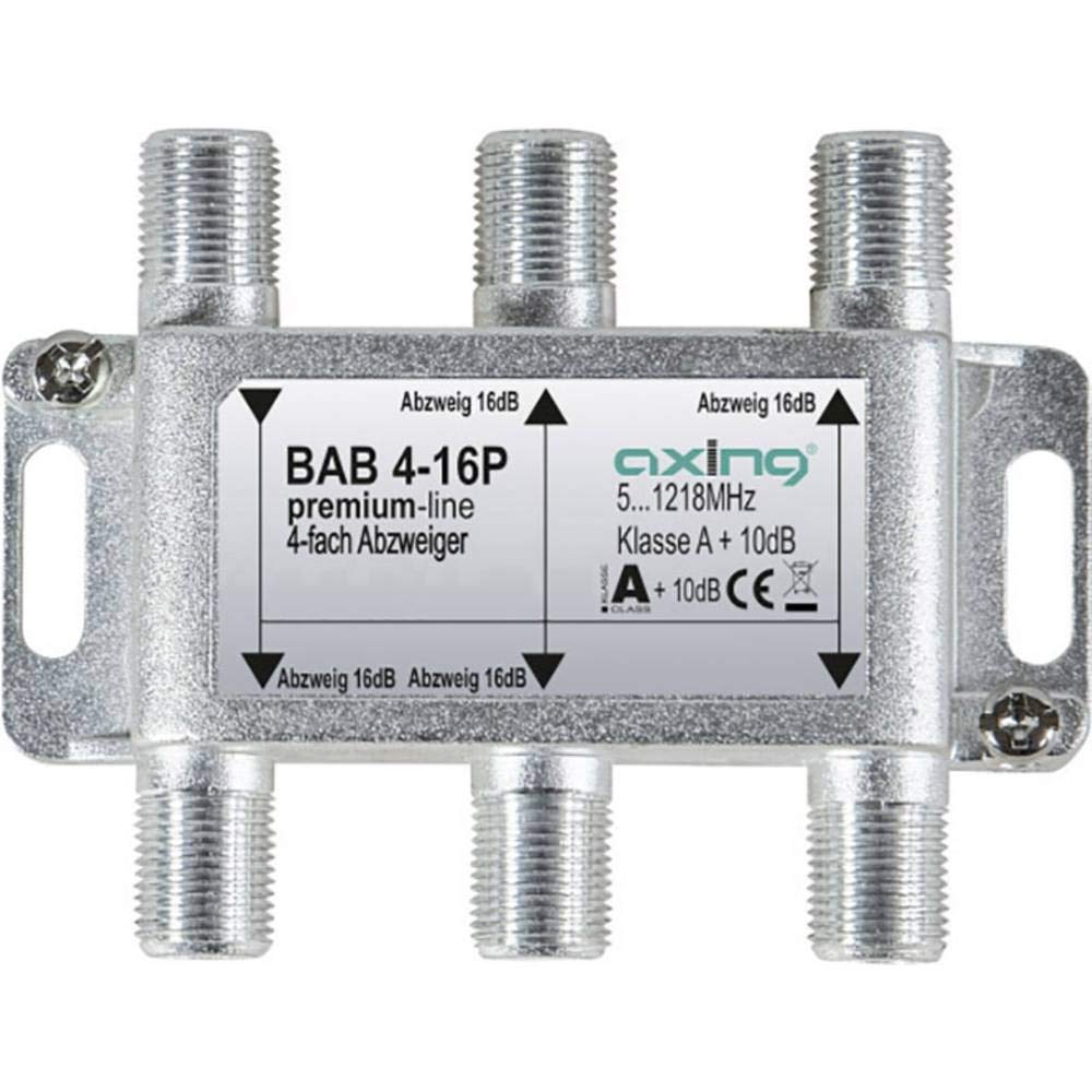 Axing BAB 4-16P 4-Way Splitter 16 dB Cable TV CATV Multimedia DVB-T2 Class A+, 10 dB, 5-1218 MHz Metal