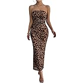 Milumia Women's Printed Strapless Tube Top Maxi Dress Slit Hem Sleeveless Bodycon Wedding Guest Party Long Dresses