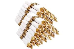 Joyido 400PCS Pre Rolled Gold Plastic Silverware Sets - Heavy Duty Gold Cutlery - Include 100 Pack Wrapped Disposable Utensils with Napkins for Parties, Dinners & Weddings