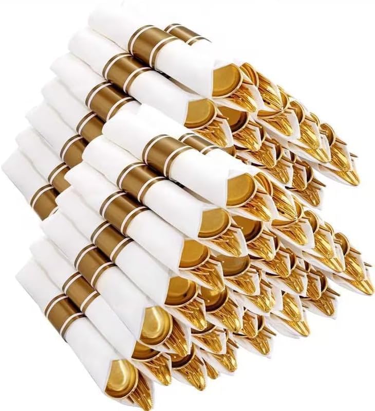 Photo 1 of Joyido 400PCS Pre Rolled Gold Plastic Silverware Sets - Heavy Duty Gold Cutlery - Include 100 Pack Wrapped Disposable Utensils with Napkins for Parties, Dinners & Weddings