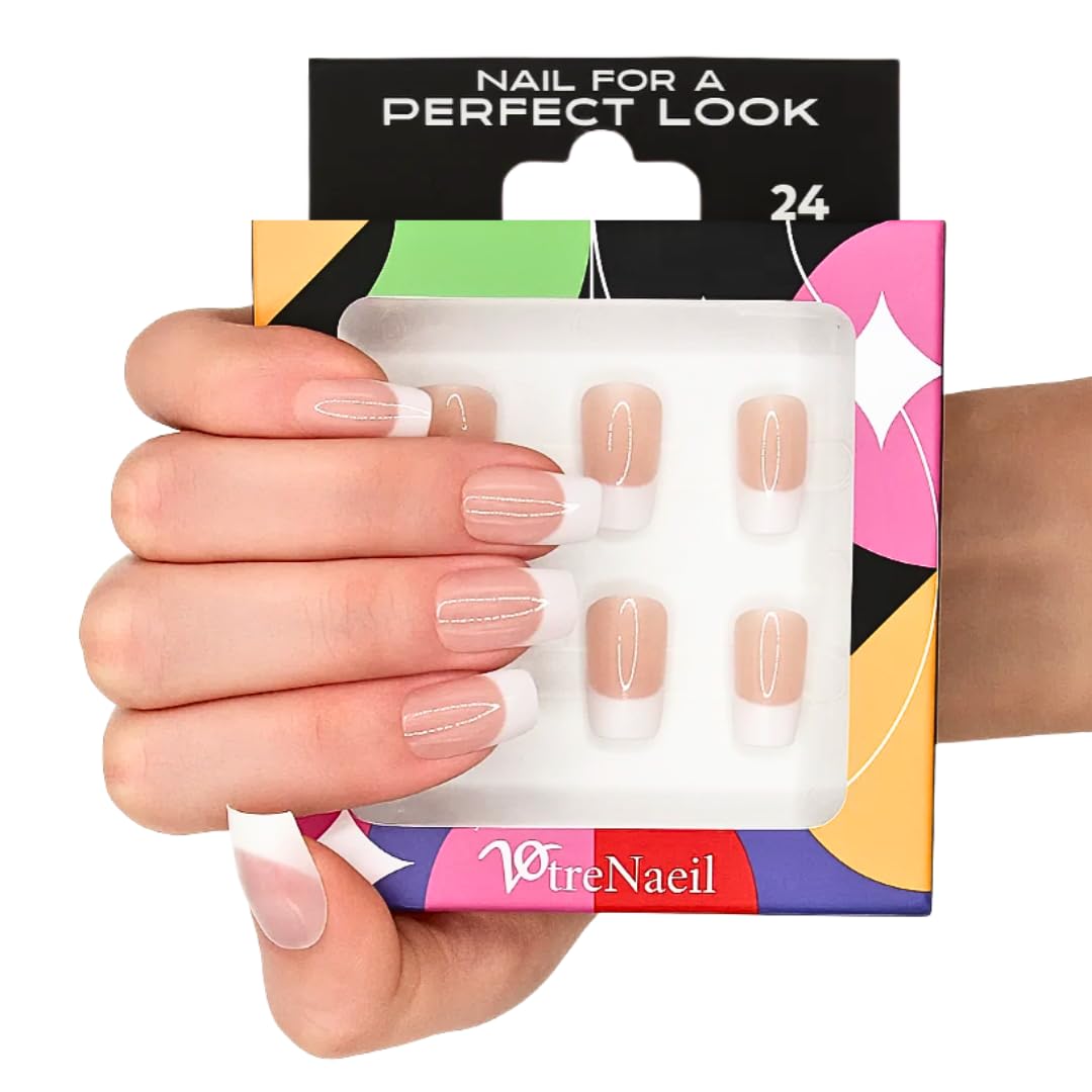 Photo 1 of Votrenaeil Press On Nails - Bold French | No Glue Short Squoval Nude Nails with French Tips for Work & Wedding - 24 Pcs Nail Kit with Adhesive Tabs