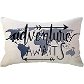 Blue World Map Adventure Lumbar Throw Pillow Cover Adventure Awaits Arrow Decor Cabin/Camper Geography Theme Decorative Rectangular/Waist Pillowcases 12 x 20 Inch for Sofa/Couch/Porch(12"×20", Blue)
