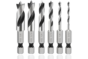 Eyech 6 Pcs 1/4" Quick Change Hex Shank Wood Brad Point Stubby Drill Bit Set, HSS 4241 Woodworking Drill Bit 3/8, 5/16, 1/4, 